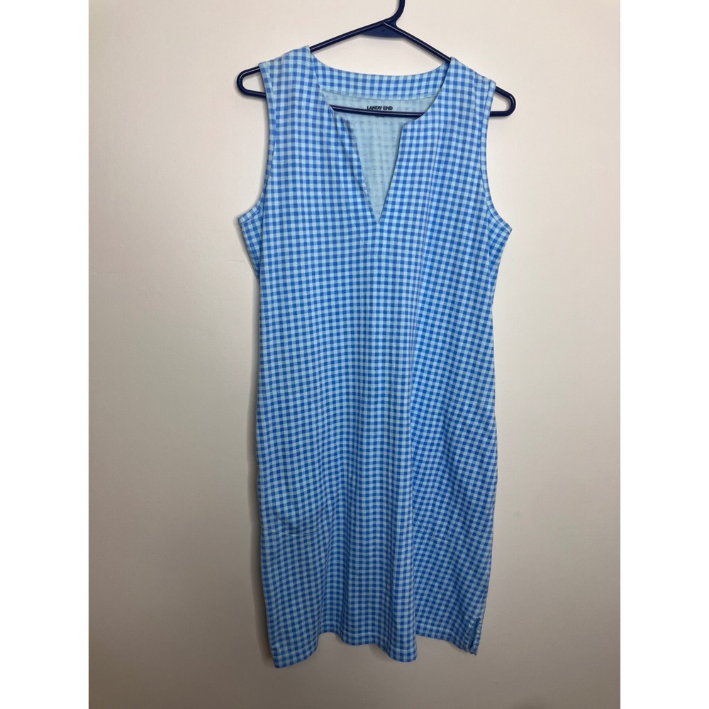 Lands End Shift Dress Womens S Blue Gingham Excellent V-Neck Pockets Cotton